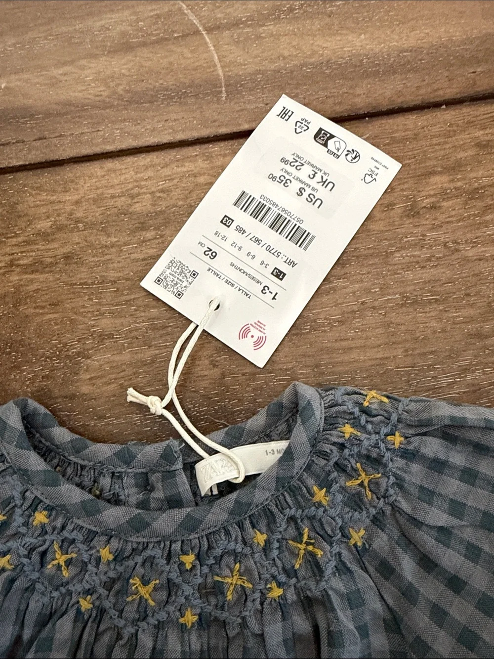 Zara Blue Gingham Long-Sleeve Smocked Bodysuit with Yellow Embroidery
